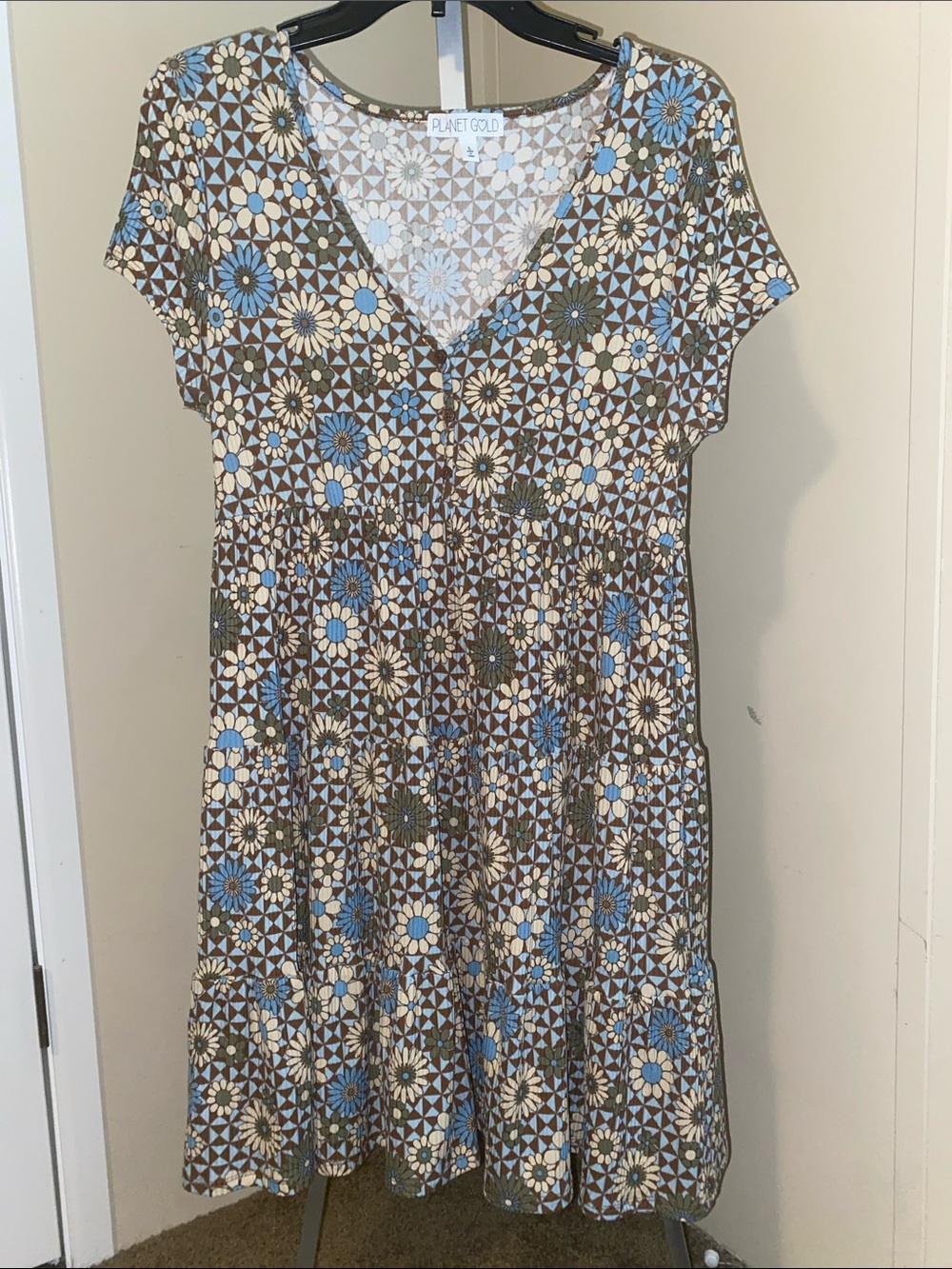 Planet Gold Brown and Blue Floral Midi V-Neck Dress